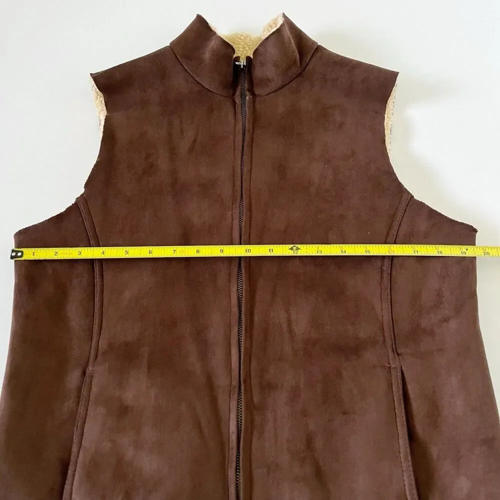 Sherpa Lined Lands End Zip Up Faux Suede Warm Vest Size M/P Medium Petite Brown